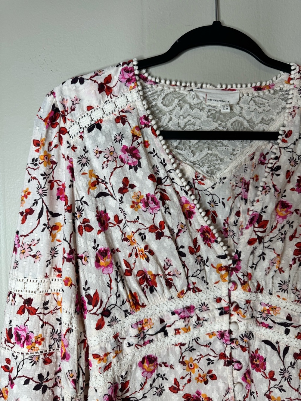 Anthropologie Puff-Sleeved Lace Buttondown Blouse Cottagecore Boho Size 8 - Picture 3 of 11